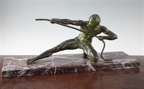 Ghanu Gantcheff. A French Art Deco bronze of an athlete pulling a rope, 23.5in.
